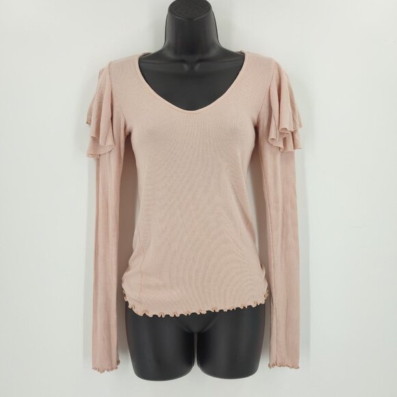 FP We The Free Sz XS Light Pink Round Neck Ruffle Shoulder Long Sleeve Casual T - Picture 3 of 8